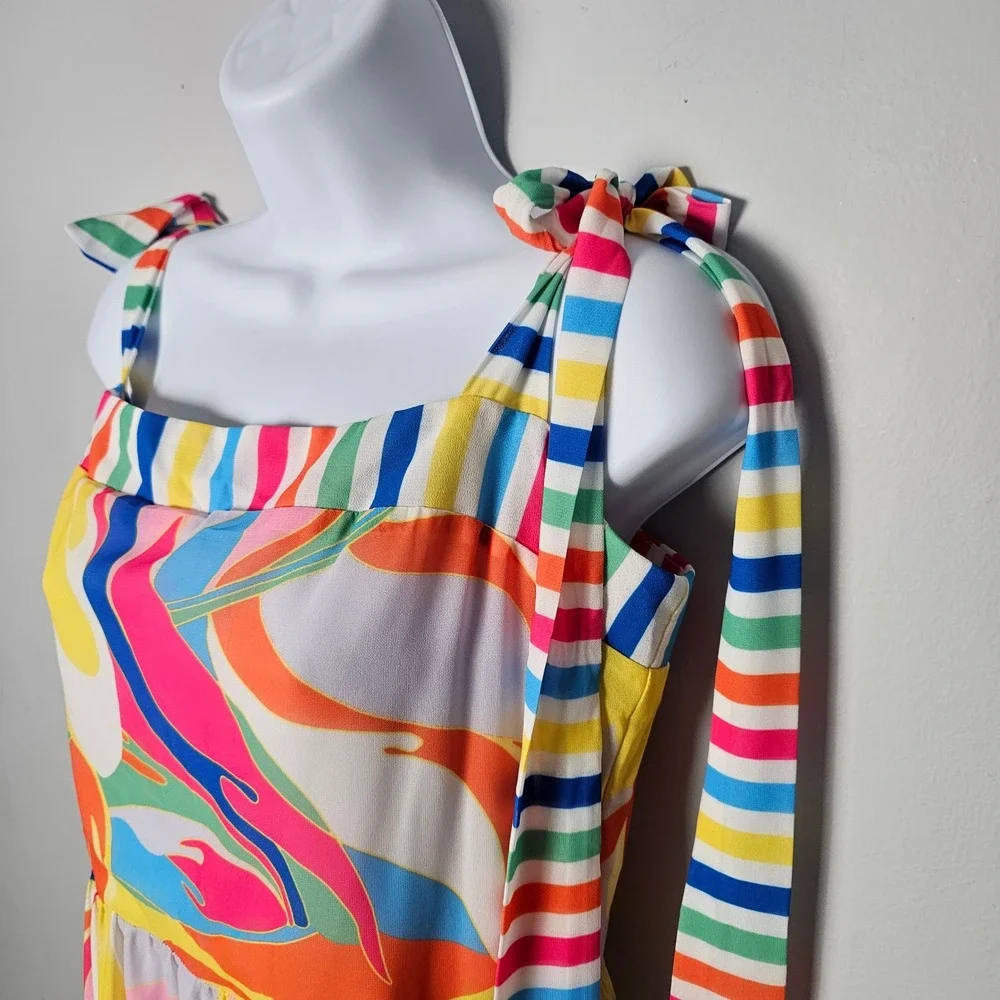 Flying Tomato Tea Party Woven Maxi Dress Womens L Rainbow Tie Shoulder Tiered - Picture 3 of 14